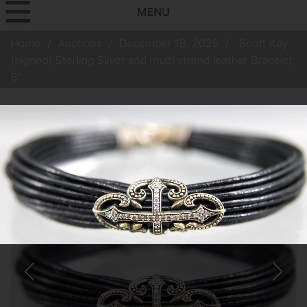 Scott Kay (signed) Sterling Silver and multi strand leather Bracelet, 8".